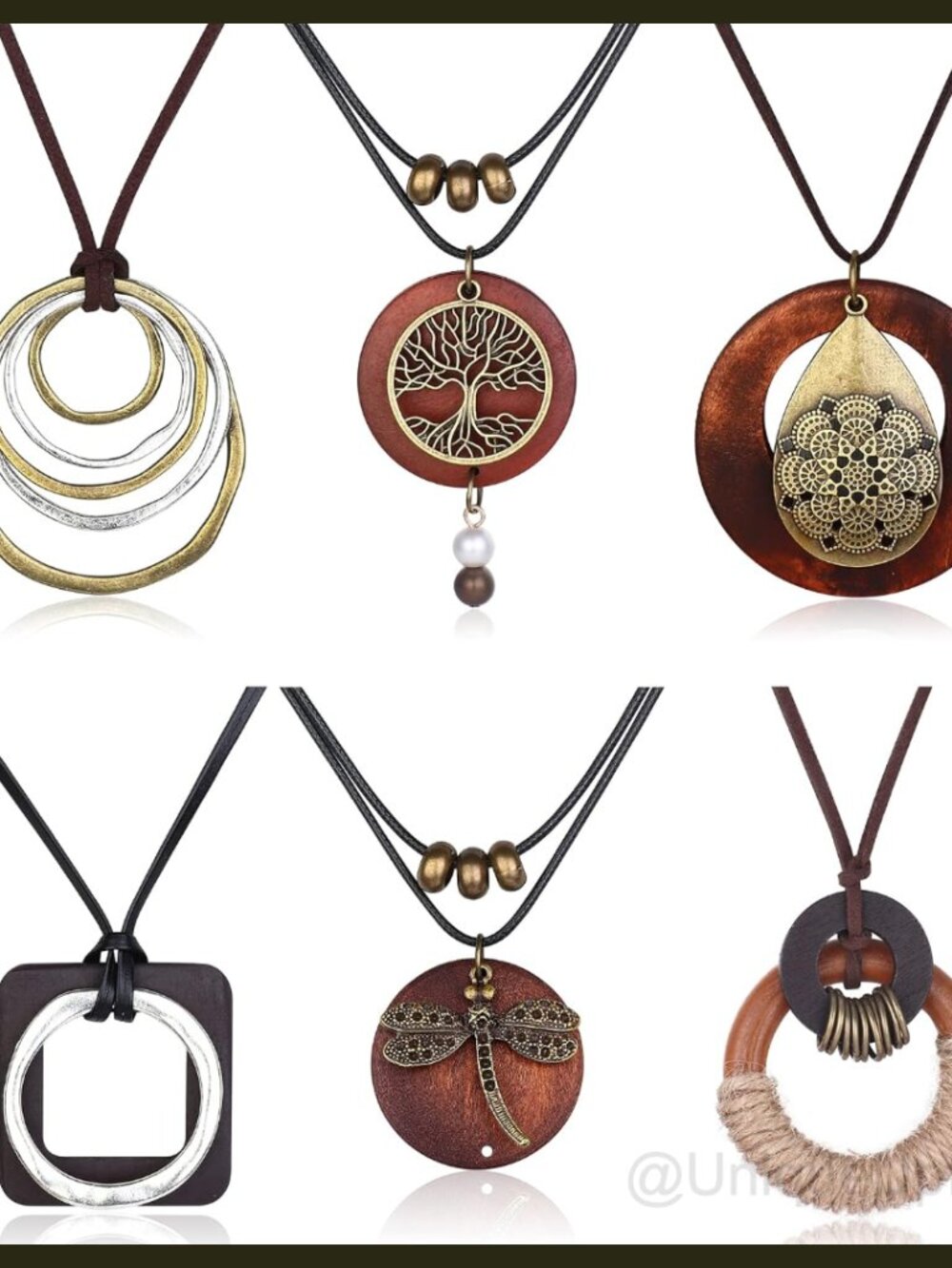 6Pc Wooden Boho Long Pendant Necklace Set Layered Feather Dragonfly